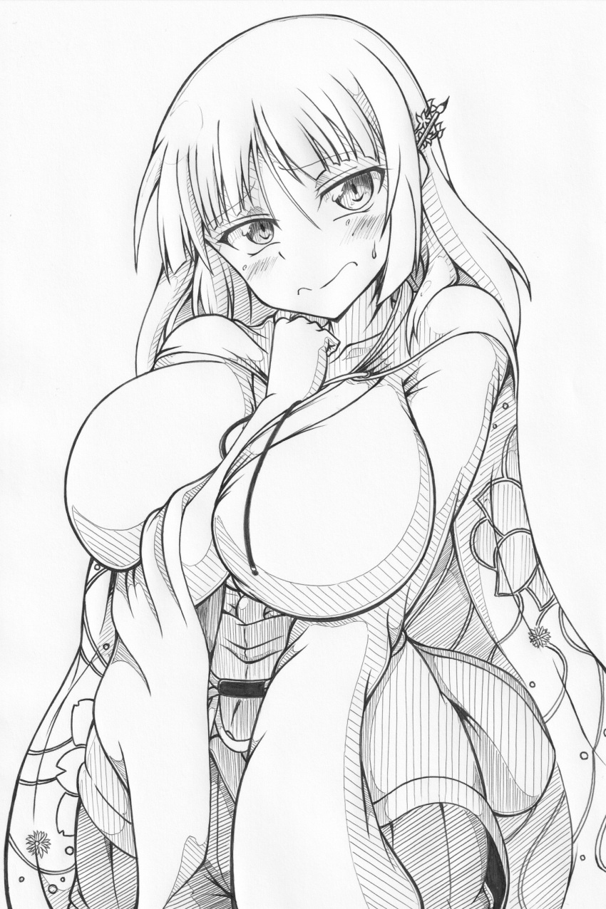 1girls arm_between_breasts bangs belt blush collarbone embarrassed eyebrows_visible_through_hair female ha_jin hair_between_eyes hair_ornament huge_breasts light-skinned_female light_skin long_hair looking_away monochrome naraku_(senran_kagura) pencil_(artwork) senran_kagura simple_background solo standing thick_thighs white_background