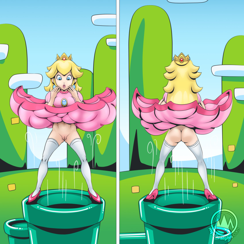 1girls accidental_exposure ass commission high_heels mario_(series) mysticalpha nintendo no_panties pink_dress princess_peach pussy super_mario_bros. surprised upskirt white_thighhighs wind wind_lift windy_dress