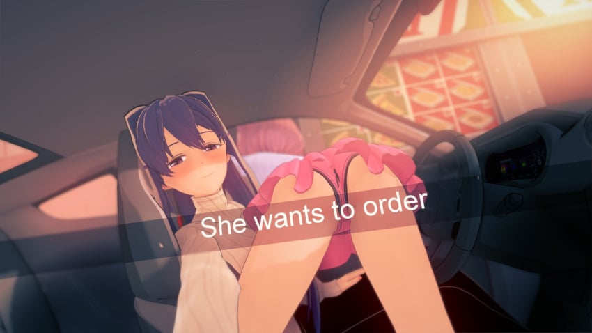 2022 2girls ass doki_doki_literature_club female female_only he_wants_to_order in_car in_vehicle koikatsu meme multiple_girls natsuki_(doki_doki_literature_club) panties pantyshot pink_hair pink_panties pink_skirt purple_eyes purple_hair skirt sweater text turtleneck turtleneck_sweater upskirt yuri_(doki_doki_literature_club)