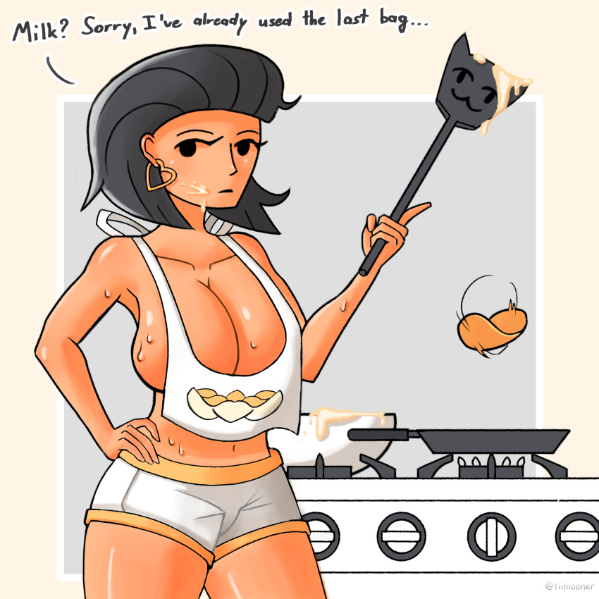 1girls apron big_breasts cleavage cooking curvy dark_hair dough heart-shaped_earrings kitchen_appliance pancake short_shorts sideboob stove sweat sweatdrop talking_to_viewer tanned tanned_skin text thick_thighs tiimooner twitter_username unamused