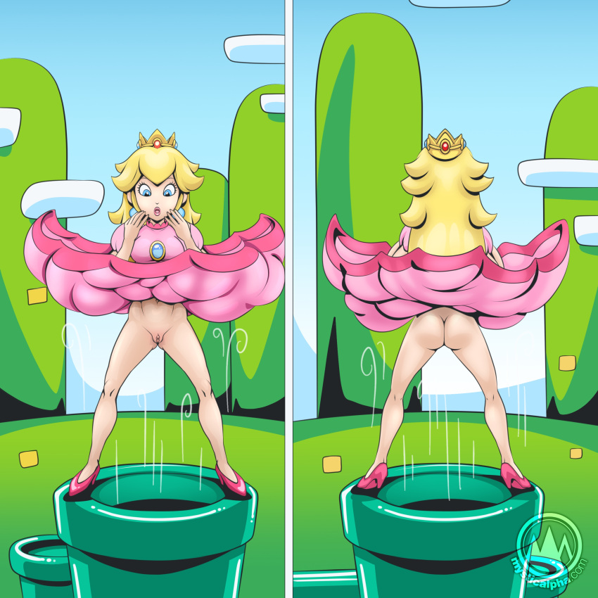 1girls artist_logo ass blonde_hair blue_eyes commission crown dress female female_only high_heels mario_(series) multiple_angles mysticalpha nintendo no_panties pink_dress princess_peach pussy solo super_mario_bros. surprised surprised_expression upskirt wind wind_lift windy_dress