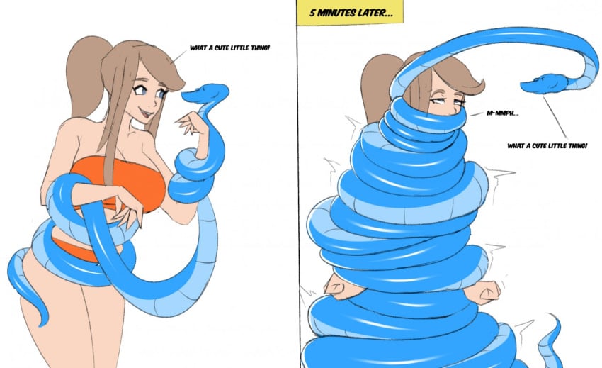 1girls asphyxiation breasts choking coiling coils comic constriction female g-lahndi long_hair mouth_covered narrowed_eyes ponytail simple_background size_transformation snake solo solo_female squeezing strangling text