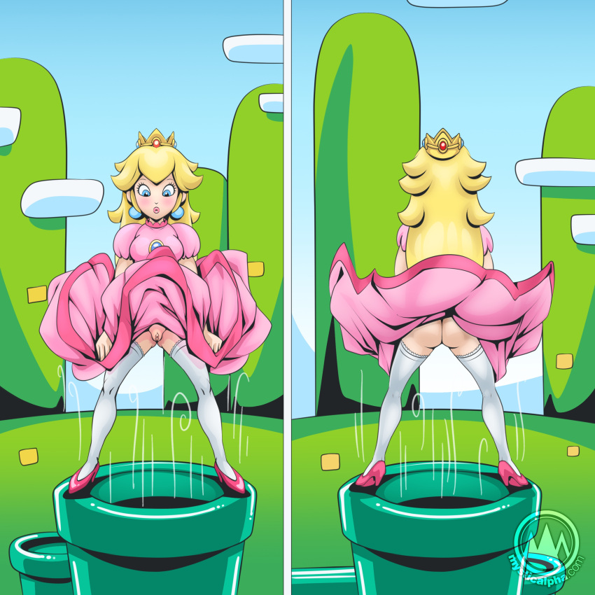 1girls big_ass commission dress_tug embarrassed high_heels mario_(series) mysticalpha nintendo no_panties pink_dress princess_peach pussy super_mario_bros. upskirt white_thighhighs wind wind_lift windy_dress