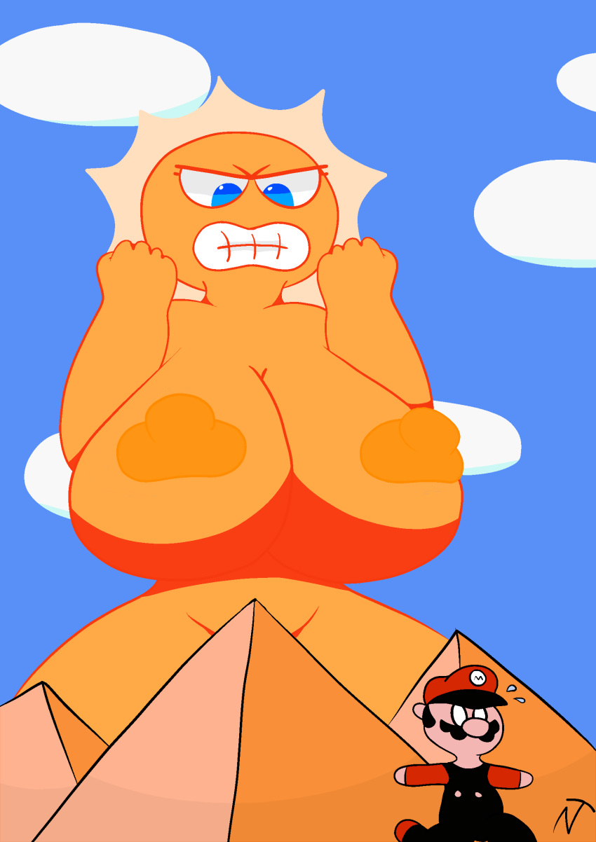 1boy 1girls 2019 5_fingers angry angry_sun anthro anthrofied big_breasts blue_eyes breasts clenched_teeth cloud convenient_censoring convenient_censorship desert female female_focus giantess larger_female looking_at_another male mario mario_(series) naked neuwolfram/newtungsten nintendo nipples nude nude_female pyramid running sky smaller_male sun super_mario_bros._3 super_mario_maker super_mario_maker_2 sweat sweatdrop sweating tagme teeth thick_thighs uncensored yellow_skin