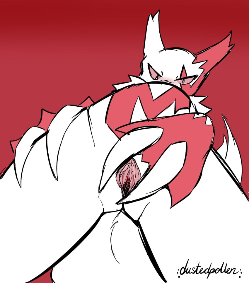 anthro blush claws dustedpollen female feral generation_3_pokemon genitals hi_res low-angle_view nintendo pokemon pokemon_(species) presenting presenting_pussy pussy solo video_games zangoose