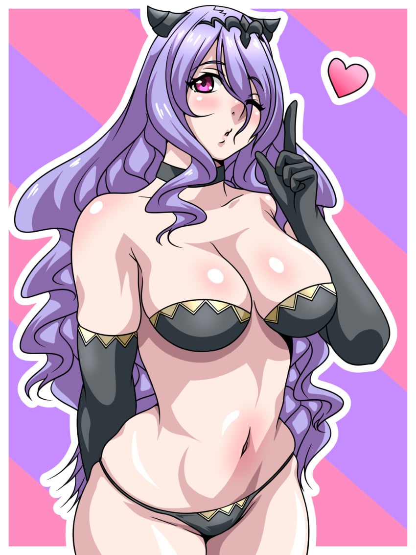 1girls ;o bare_shoulders black_panties blowing_kiss bra breasts camilla_(fire_emblem) choker collarbone elbow_gloves female female_only fire_emblem fire_emblem_fates gesture gloves hair_over_one_eye horns inabakun00 large_breasts long_hair nintendo open_mouth panties pink_eyes purple_hair shoulders solo underwear very_long_hair wink