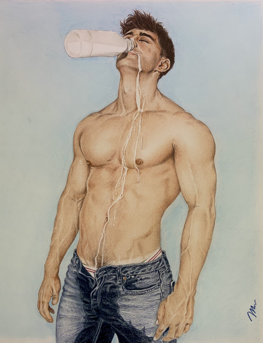 1boy brad_welch_art caucasian caucasian_male eyes_closed fitness_model instagram_model instagram_username jeans male male_model male_only michael_vp milk milk_drinking milk_drip muscles muscular muscular_male pencil_(artwork) real_person shirtless_male solo solo_male tanline unbuttoned_pants wet_pants