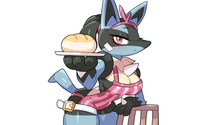 1girls 2022 apron breasts cleavage drunkoak lucario pokemon pokemon_(species) pokemon_cafe_mix red_eyes solo solo_female tagme thick_thighs waitress