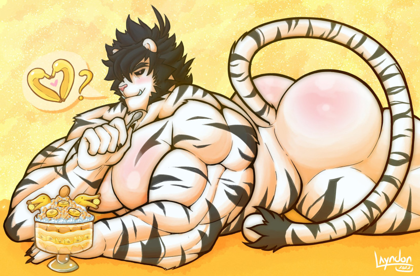 anthro banana big_ass big_butt big_pecs black_fur black_hair bubble_ass bubble_butt fruit gradient_background hair laying_on_stomach layndon male male_only muscles muscular muscular_male tail white_fur yellow_background