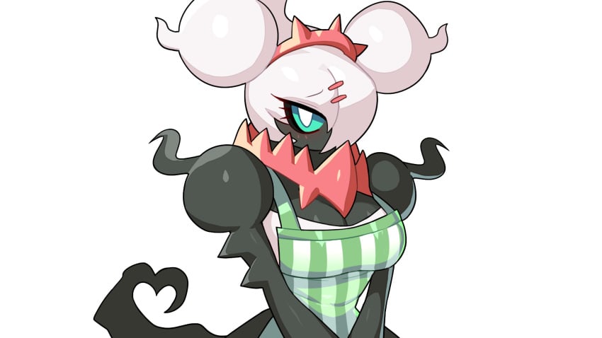 2022 apron blue_eyes breasts cleavage cute darkrai drunkoak pokemon pokemon_(species) pokemon_cafe_mix white_hair