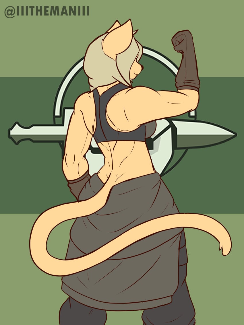 blonde_hair bra bridge_(the_man) clothed colonial_infantry flexing foxhole:_persistant_online_warfare furry green_eyes muscular muscular_female shirt_around_waist the_man