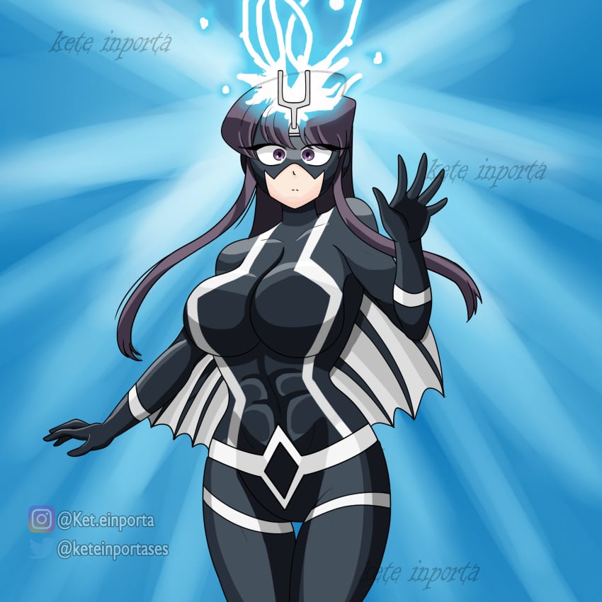 1girls big_breasts black_bolt black_bolt_(cosplay) bodysuit breasts cosplay crossover dark_hair inhumans komi-san_wa_komyushou_desu komi_shouko marvel marvel_comics superheroine tight_clothing