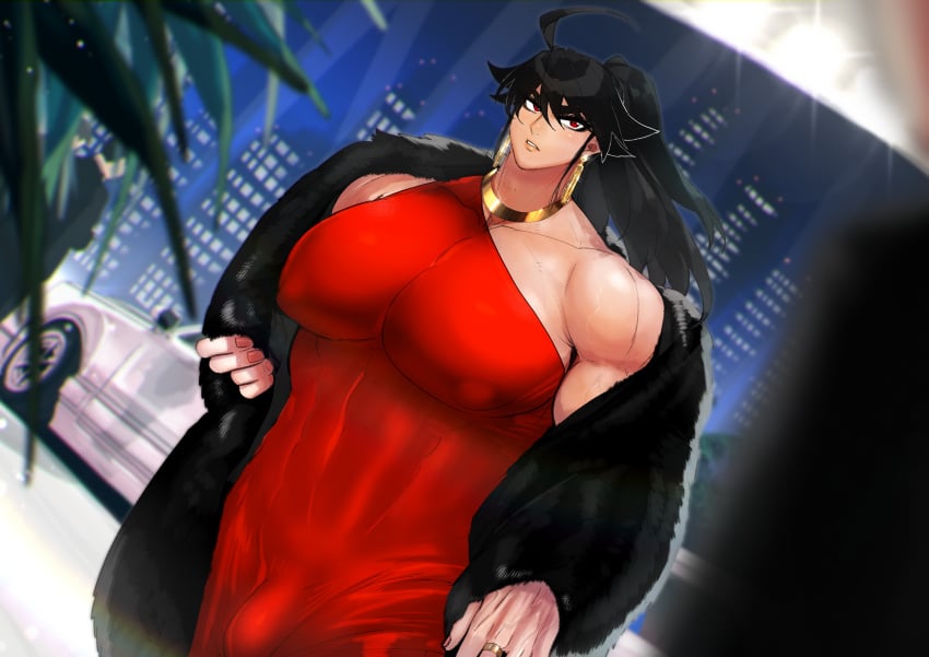 1boy ambush_(trap) automobile big_biceps big_breasts big_chest big_penis bulge car city city_background cityscape collar dress earrings fur fur_coat jewelry kusohuuten long_hair looking_at_viewer male male_only mantis0 muscle muscular muscular_male ponytail red_dress red_eyes ring solo vehicle