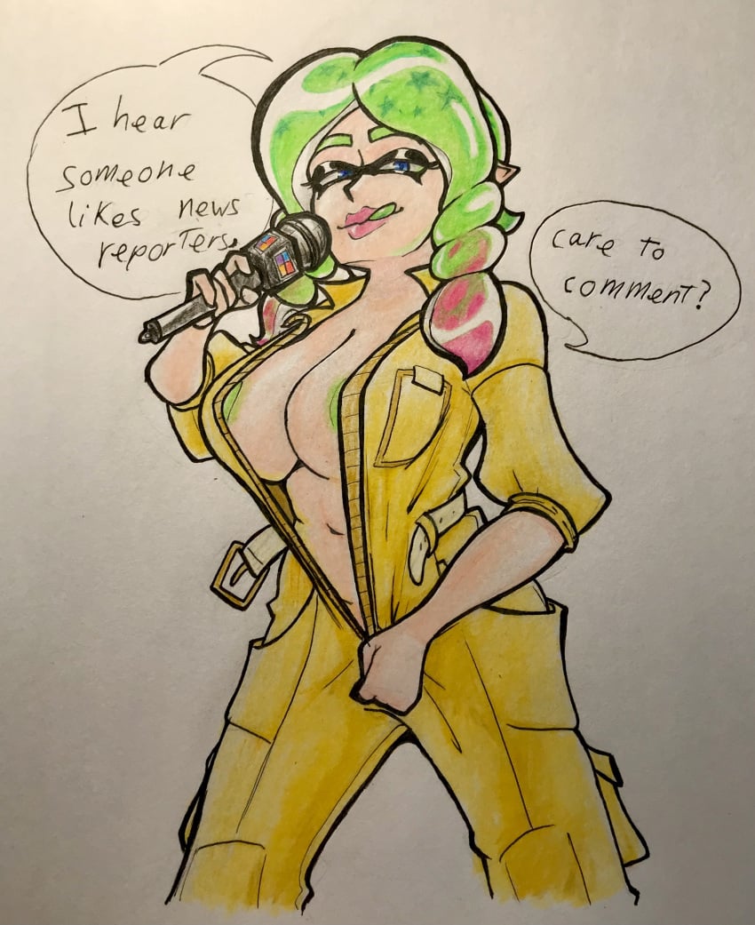 1girls april_o'neil april_o'neil_(tmnt_1987) big_breasts breasts clothing commission female female_only green_hair janine_squidly large_breasts licking_lips lips lipstick looking_at_viewer milf news_reporter nintendo oh_gosh_levi reporter seductive seductive_look seductive_smile splatoon teenage_mutant_ninja_turtles tongue undressing unzipped unzipped_bodysuit