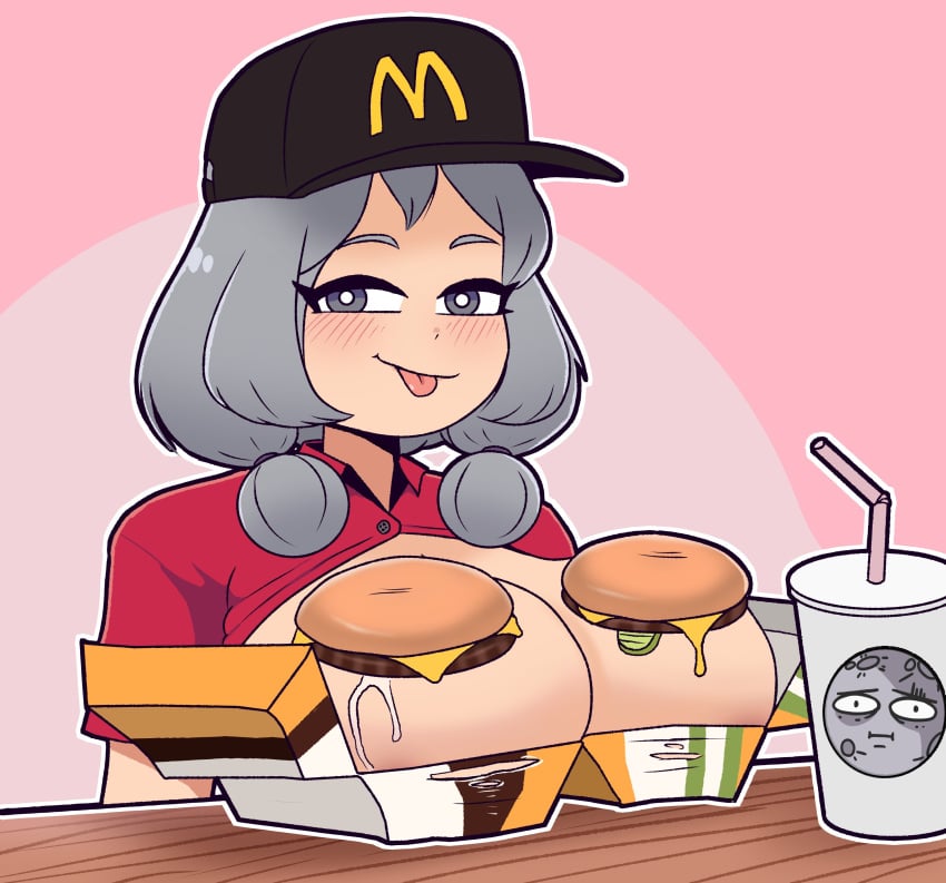 1girls absurd_res absurdres bedroom_eyes big_breasts blush blush_lines boob_burger breast_focus breasts breasts_focus burger burgers busty chunkymoon employee employee_uniform eye_contact fast_food fast_food_uniform female female_focus female_only gray_hair grey_hair half-closed_eyes hamburger hat headwear hi_res high_resolution highres large_breasts light-skinned_female light_skin looking_at_viewer mcdonald's medium_hair meme moo_(chunkymoon) narrowed_eyes object_on_breast oc original original_character pov_eye_contact shirt_lift shirt_up smile smiling smiling_at_viewer solo solo_female solo_focus somthingcanvas suggestive suggestive_look tongue tongue_out your_order_is_ready_(meme)