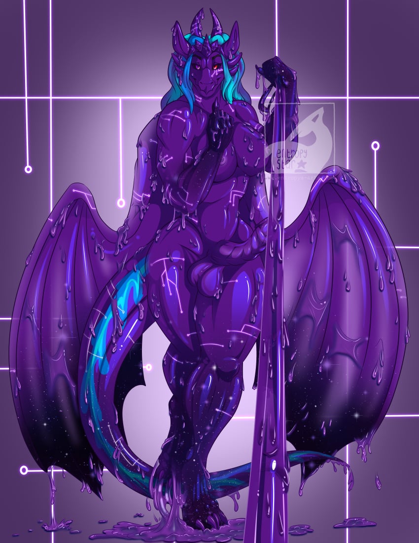 absurd_res anthro cybernetics cyborg dragon entropystar futanari goo_(disambiguation) goo_creature goo_dragon goo_dripping gooborg gynomorph hi_res intersex leash leash_pull looking_at_viewer machine male_only melting purple_body purple_dragon queen_vinyl_da.i'gyu-kazotetsu standing