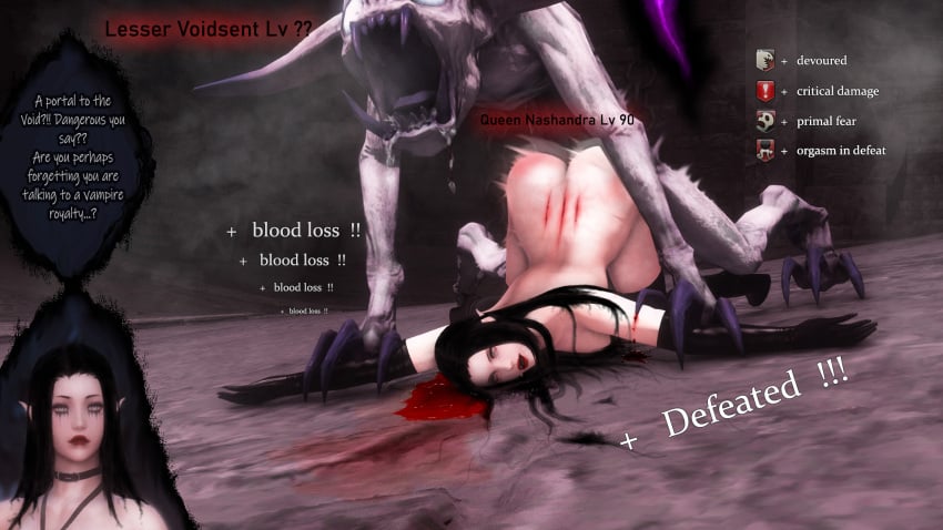 black_hair blood broken broken_rape_victim claw_marks claws dark_elf dead death defeat defeat_sex defeated domination elf elf_ears fangs female female_death female_penetrated final_fantasy final_fantasy_xiv gameplay_mechanics gore gpose(ffxiv) guro monster nashandra nashandra_nosferatu nashandraffxiv overpowered pointy_ears rape raped_by_monster rough_sex ryona screenshot status_effect vampire vampire_queen wounded