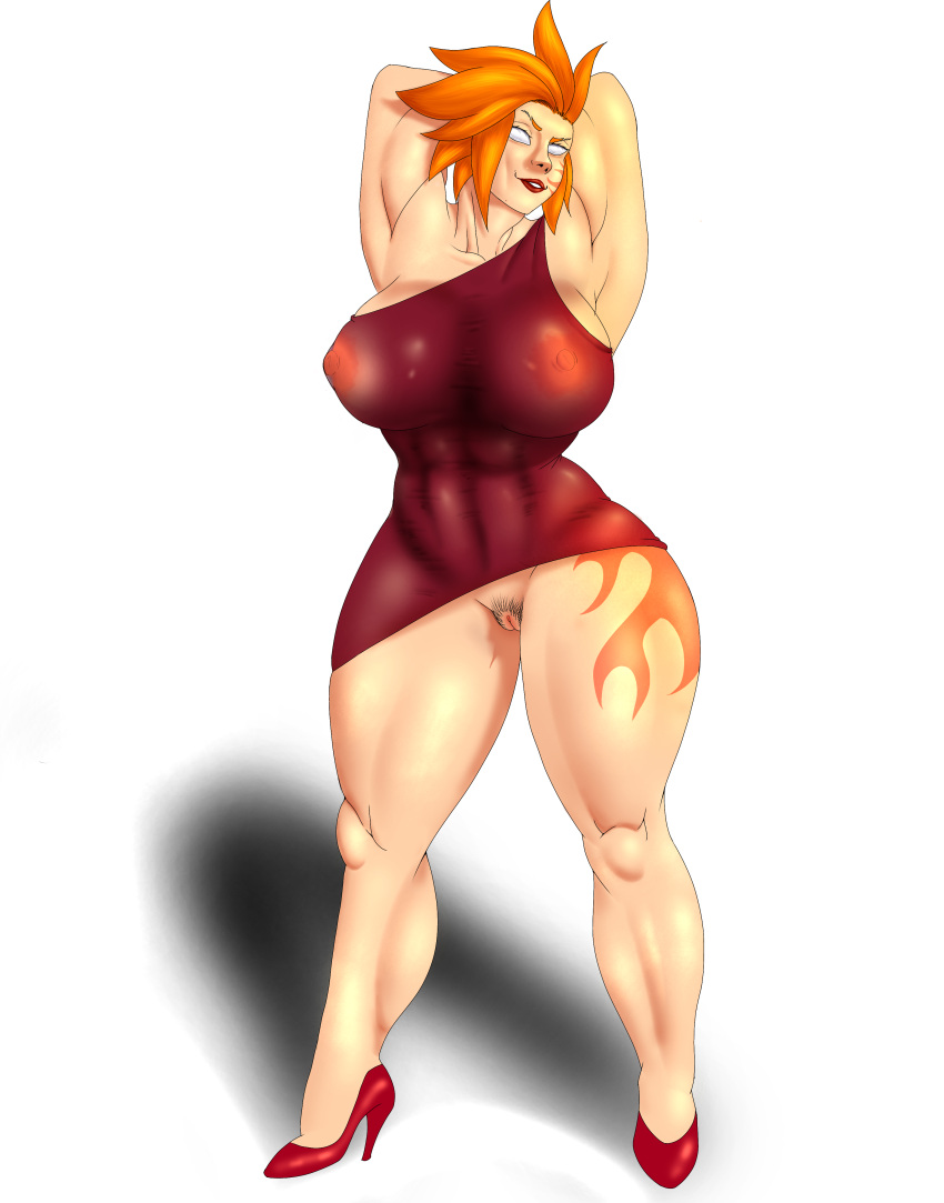 1girls armpits big_ass big_breasts big_nipples dress hairy_pussy heels herak ingenica monster_legends muscular_female orange_hair pussy red_lipstick solo_female tagme tattoo thick_thighs white_hair wide_hips wide_thighs