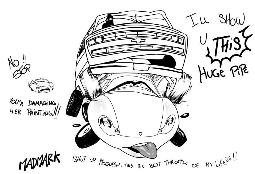 ahe_gao ahegao car cars_(film) chevrolet closed_eyes disney duo female from_behind_position half-closed_eyes hi_res lightning_mcqueen living_machine living_vehicle machine madmark male male/female monochrome narrowed_eyes open_mouth pixar porsche sally_carrera sex speech_bubble tire tongue tongue_out vehicle