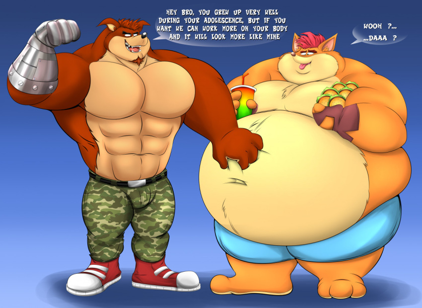 activision anthro belly bulge crash_(series) crash_bandicoot crunch_bandicoot duo eddiefragoso food fruit fur male male/male male_only morbidly_obese morbidly_obese_anthro morbidly_obese_male muscular muscular_male obese obese_anthro obese_male overweight overweight_anthro overweight_male plant text video_games wumpa_fruit