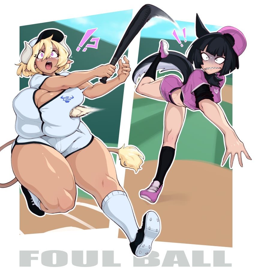 2girls baseball baseball_(ball) baseball_bat baseball_uniform big_breasts blonde_hair breast_attack breasts cow_girl cow_horns dmxwoops female female_only gigantic_breasts huge_breasts large_breasts margarine_(deumosden) massive_breasts monochrome multi_breast purple_hair shirt text text_on_clothing thick_thighs