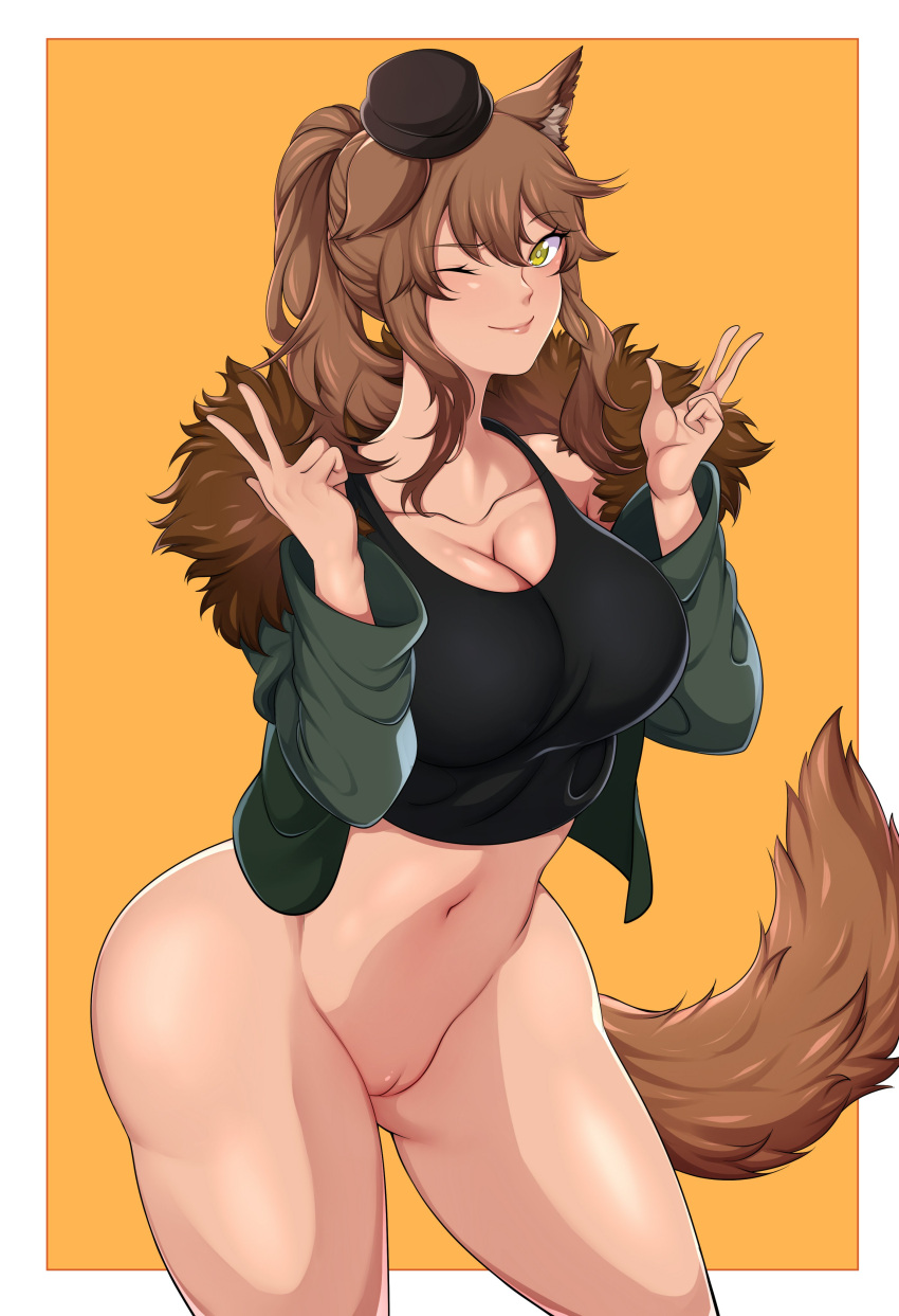 1girls absurdres animal_ears ass_visible_through_thighs bottomless breasts brown_hair davyonmartz double_w female fur_trim hat highres large_breasts looking_at_viewer navel open_clothes open_jacket original ponytail pussy sidelocks simple_background smile solo tail tank_top w white_border wide_hips wink yellow_background