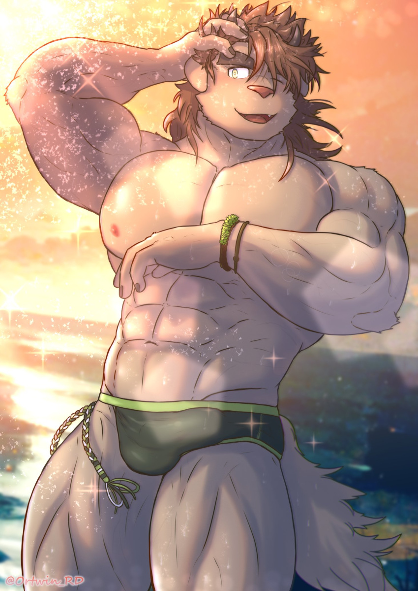 1boy abs anthro beach brown_body brown_fur brown_hair bulge catoblepas_(tokyo_afterschool_summoners) clothing eyebrows fur genital_outline hair hi_res lifewonders male male_only monster muscular muscular_anthro muscular_male nipples one_eye_closed ortwin_rd outside pecs penis_outline sea seaside solo speedo swimwear thick_eyebrows tokyo_afterschool_summoners video_games water water_spray wink