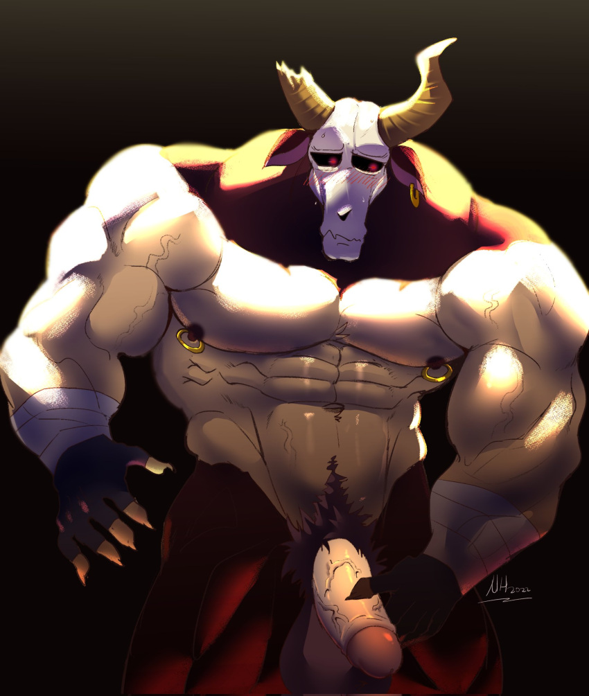 balls bara blush boner cow_ears cow_tail erection furry gay holding_penis horns male male_only minotaur minotaur_(the_legend_of_pipi) muscles muscular nhstonk nipple_piercing nipple_rings penis scar scars skull_head solo solo_male tail the_legend_of_pipi