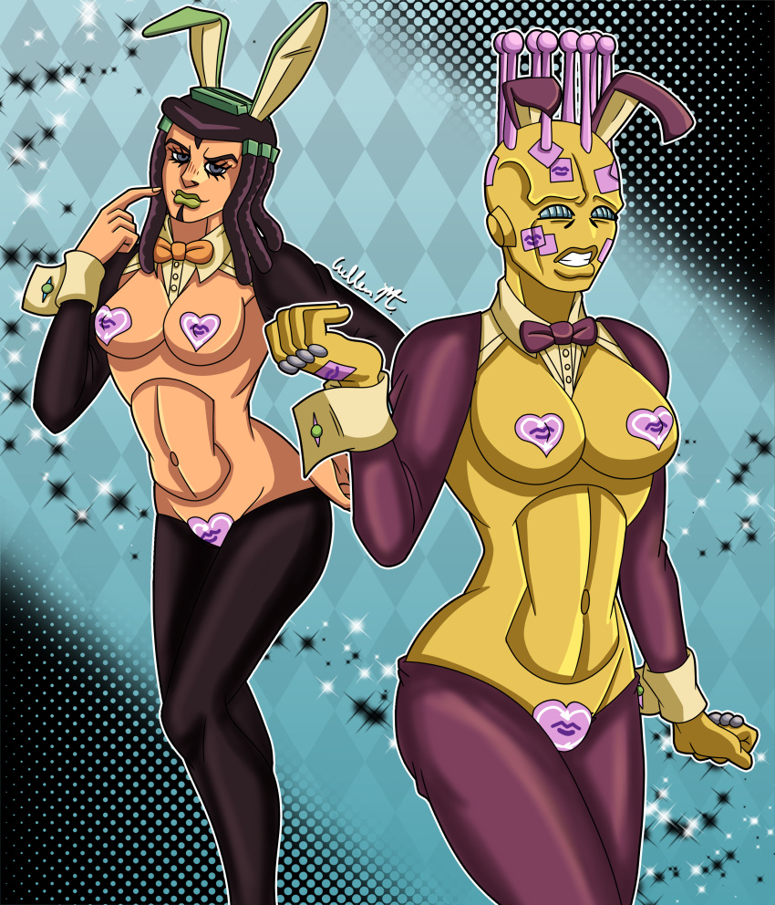 2girls breasts ermes_costello female female_only jojo's_bizarre_adventure kiss_(jjba) latex latina melloyman multiple_girls nervous pasties reverse_bunnysuit stand_(jjba) stone_ocean tanned_skin toned toned_female