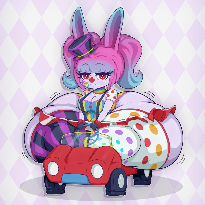 1girls :3 ass ass_bigger_than_body ass_bigger_than_breasts ass_bigger_than_car ass_bigger_than_head blue_highlights breast bunny_ears cleavage clown clown_car clown_girl female female_focus female_only flat hips hyper hyper_ass hyper_butt hyper_thighs large_ass oppainkiller overalls panties pink_hair polka_dot prattagail rabbit_ears red_eyes short_skirt skirt stripes thick_thighs thighs thighs_bigger_than_head thighs_bigger_than_torso tire underwear wide_hips