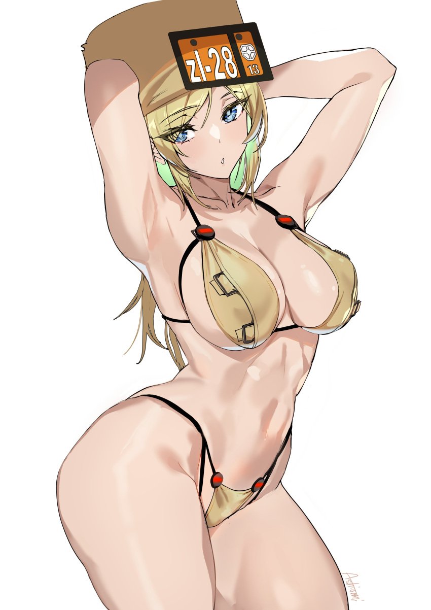 ashiomi_masato bikini blonde_hair blue_eyes breasts breasts breasts guilty_gear guilty_gear_strive hat millia_rage tummy yellow_bikini