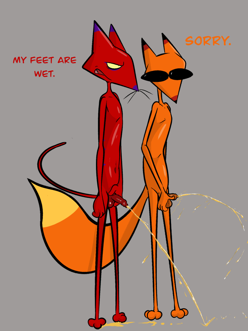 annoyed anthro bodily_fluids canid canine cartoon_network casual_urination courage_the_cowardly_dog dialogue duo felid feline flaccid foreskin fox genital_fluids genitals hi_res holding_penis illegaleel katz_(courage_the_cowardly_dog) long_foreskin male male/male mammal meme pee_on_feet pee_on_floor peeing peeing_on_another peeing_together penis the_cajun_fox urine urine_pool