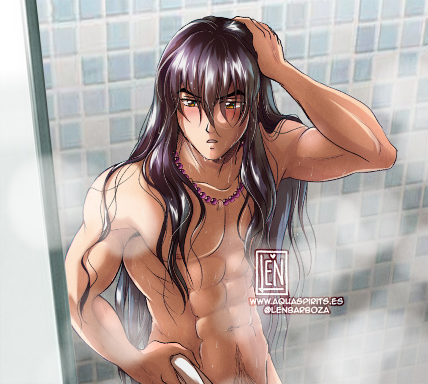 aquarina cropped human_inuyasha inuyasha inuyasha_(character) inuyasha_(human) long_hair male male_only nude shower solo