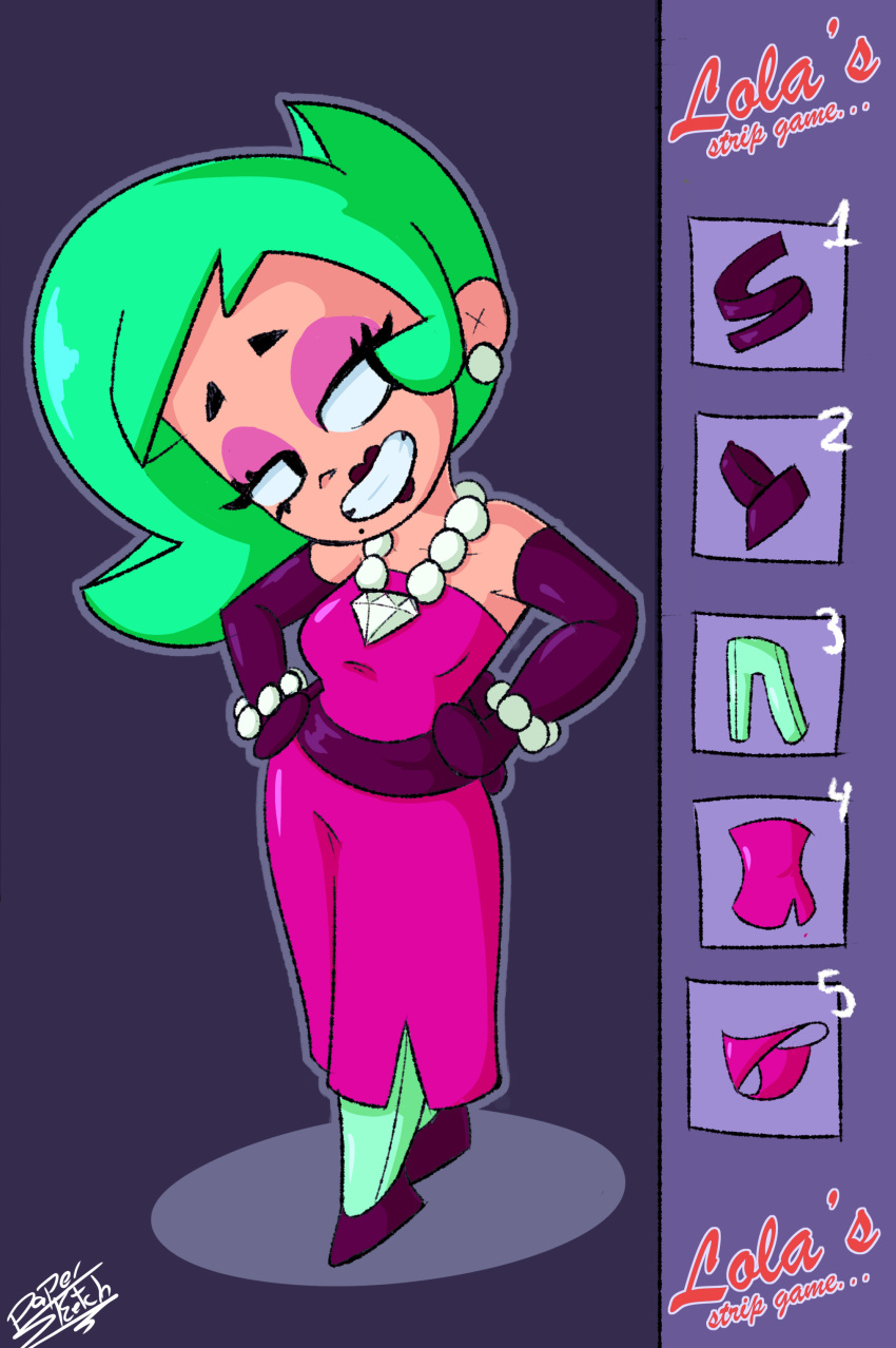 brawl_stars dress earrings gloves green_hair jewelry lola_(brawl_stars) looking_away luna_hombre smiling strip_game tagme