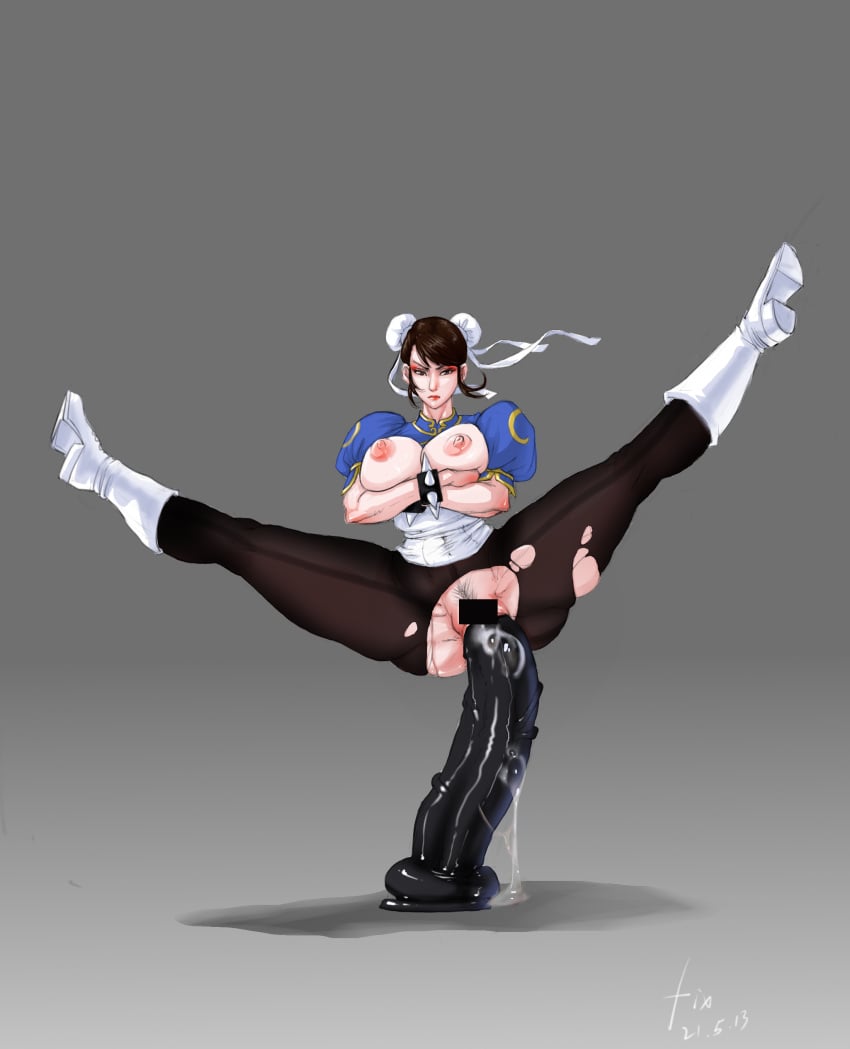 arms_crossed boots breasts_out capcom chun-li dildo dress female fixzhuzhu large_dildo legs_up pantyhose pubic_hair pussy spiked_bracelet street_fighter topless topless_female torn_clothes torn_pantyhose