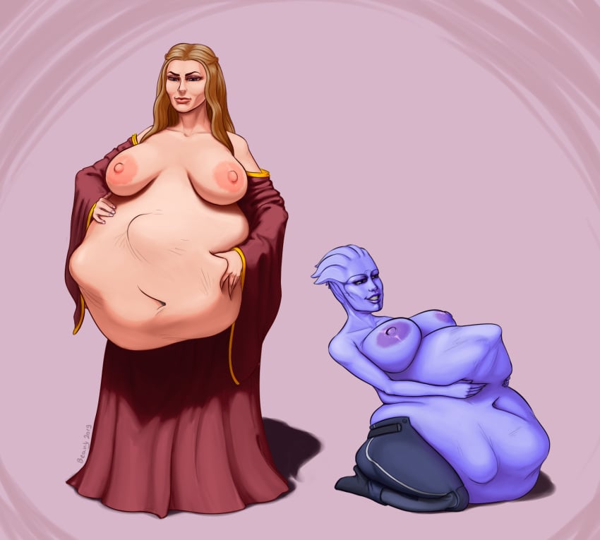 2girls a_song_of_ice_and_fire alien aria_t'loak asari beanystalk belly belly_bulge big_belly big_breasts blue_skin breasts cersei_lannister crossover female female_only game_of_thrones hand_on_belly large_belly large_breasts mass_effect multiple_girls nipples same_size_vore vore