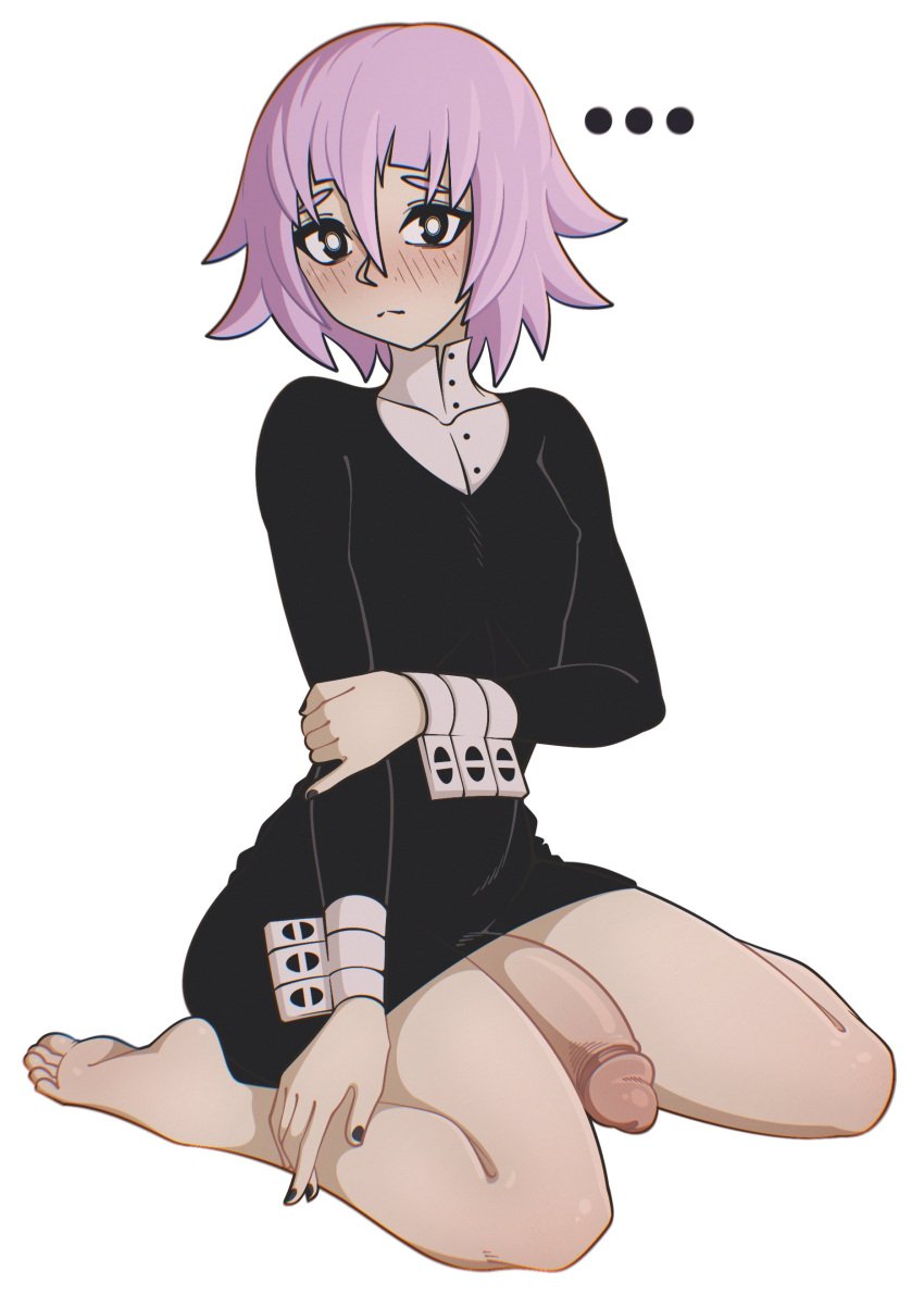 ... 1boy androgynous blush bro_aniki crona_(soul_eater) eye_contact femboy looking_at_viewer male male_only penis short_hair solo solo_male soul_eater thighs white_background