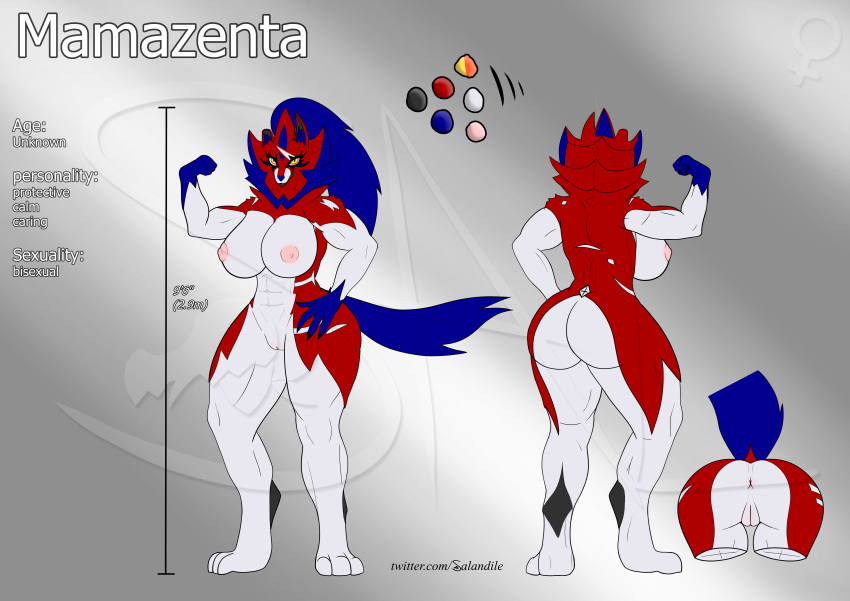 absurd_res anus back_view blue_fur canid canine female female_only flexing front_view generation_8_pokemon muscular muscular_female pokemon pokemon_ss pussy red_fur reference_sheet salandile solo solo_female watermark white_body white_fur zamazenta