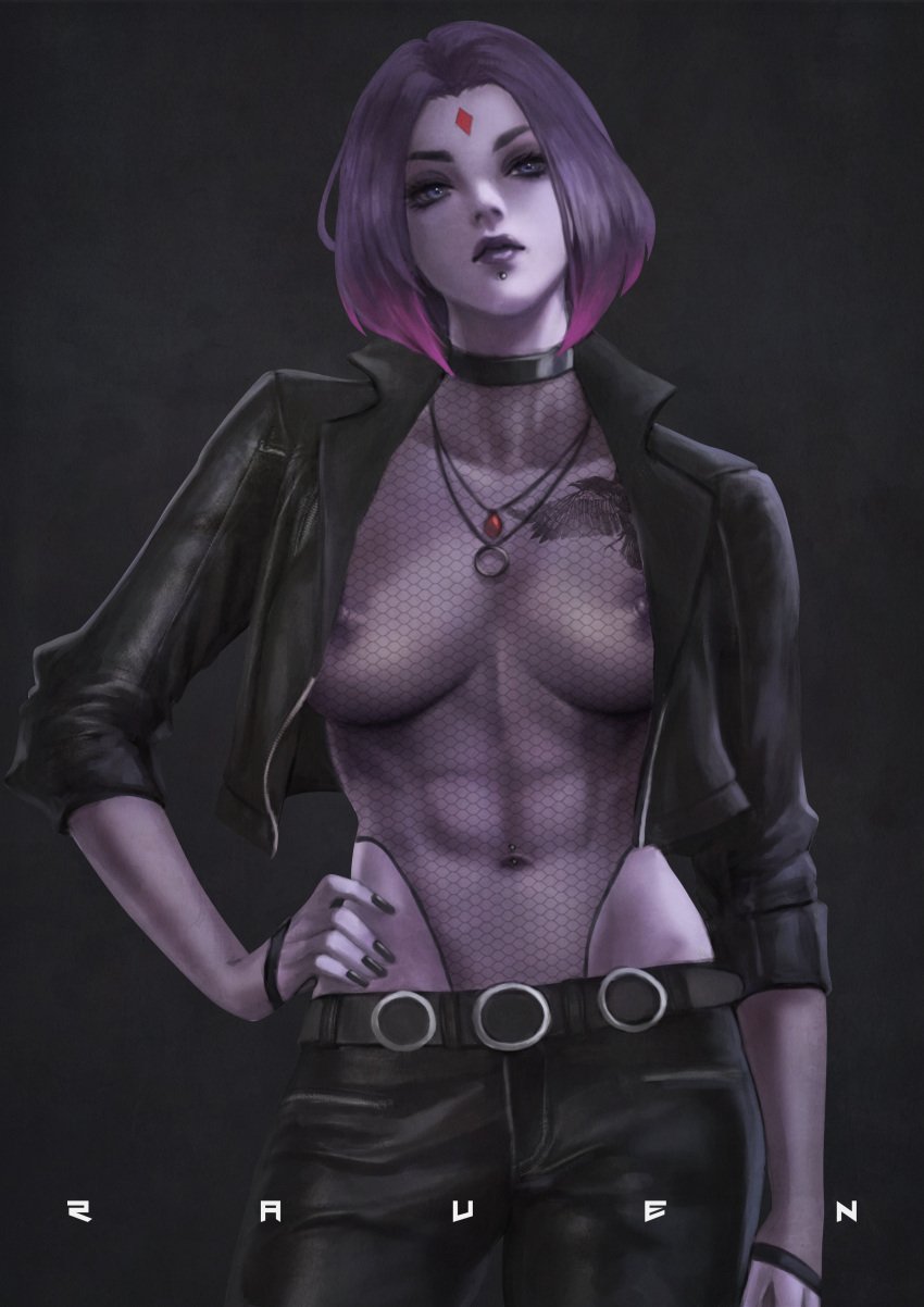 1girls abs alternate_version_available belt bob_cut breasts casual character_name choker clothing collar dc dc_comics exposed_breasts eyelashes eyeliner eyeshadow female female_only fishnet_bodysuit fishnets fit fit_female forehead_jewel goth goth_girl human jacket jeans leather leather_jacket leotard leotard_under_clothes makeup medium_breasts medium_hair monorirogue muscles muscular_female nail_polish necklace neckwear nipples nipples_visible_through_clothing outerwear pale_skin piercing purple_hair purple_skin rachel_roth raven_(dc) see-through see-through_clothing teen_titans