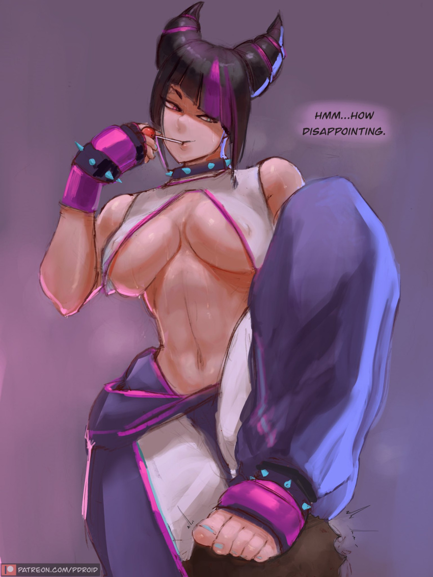 1boy 1girls abs anklet areola_slip areolae big_breasts capcom dialogue femdom foot_on_head juri_han lollipop muscular_female no_bodypaint paranoiddroid spiked_anklet street_fighter street_fighter_6 stripes tagme