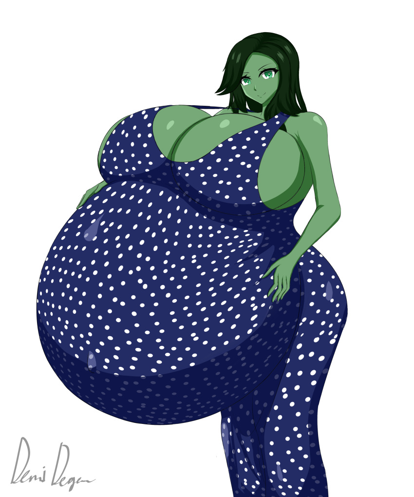 1girls belly big_belly big_breasts breasts cleavage demidegen dress female_only green_skin hand_on_belly huge_belly huge_breasts hyper_pregnancy large_breasts marvel marvel_comics maternity_dress pregnant she-hulk