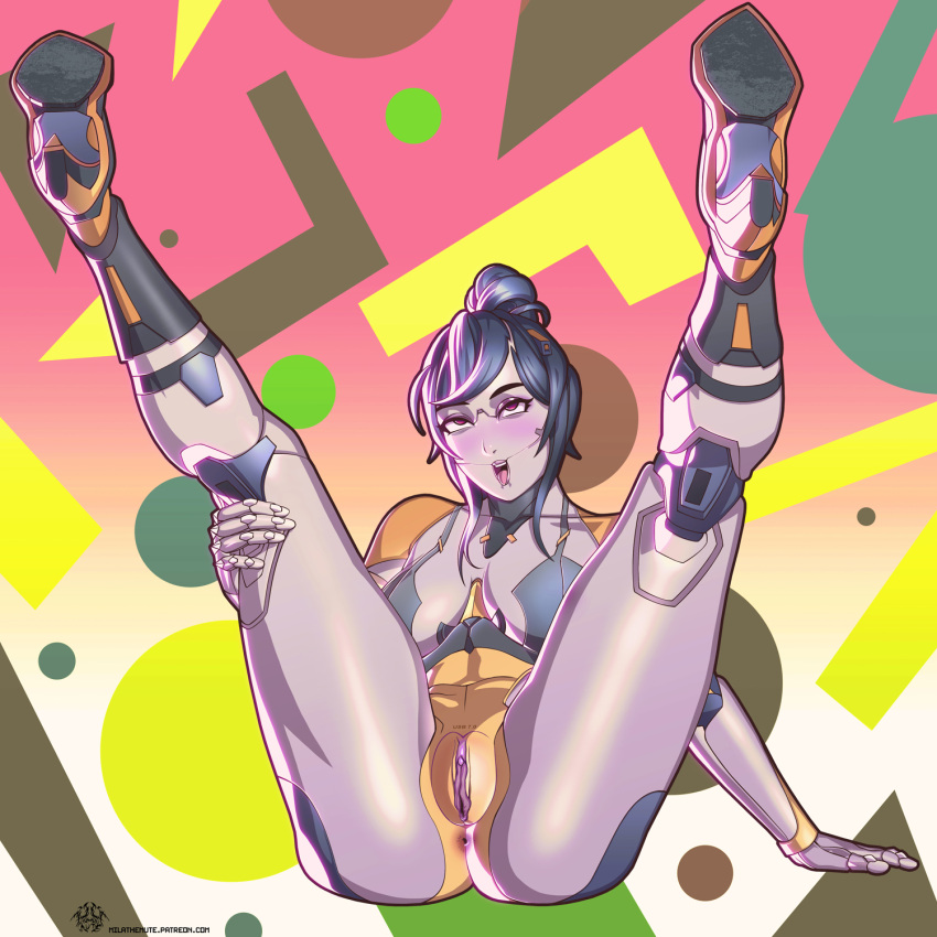 1girls ahe_gao alternate_version_available big_breasts black_hair blush bottomless cleavage eyes_rolling_back female female_focus female_only fortnite highres legs_apart legs_up metallic_body mila_the_mute nude red_eyes robot robot_girl tongue tongue_out tsuki_(fortnite) vagina