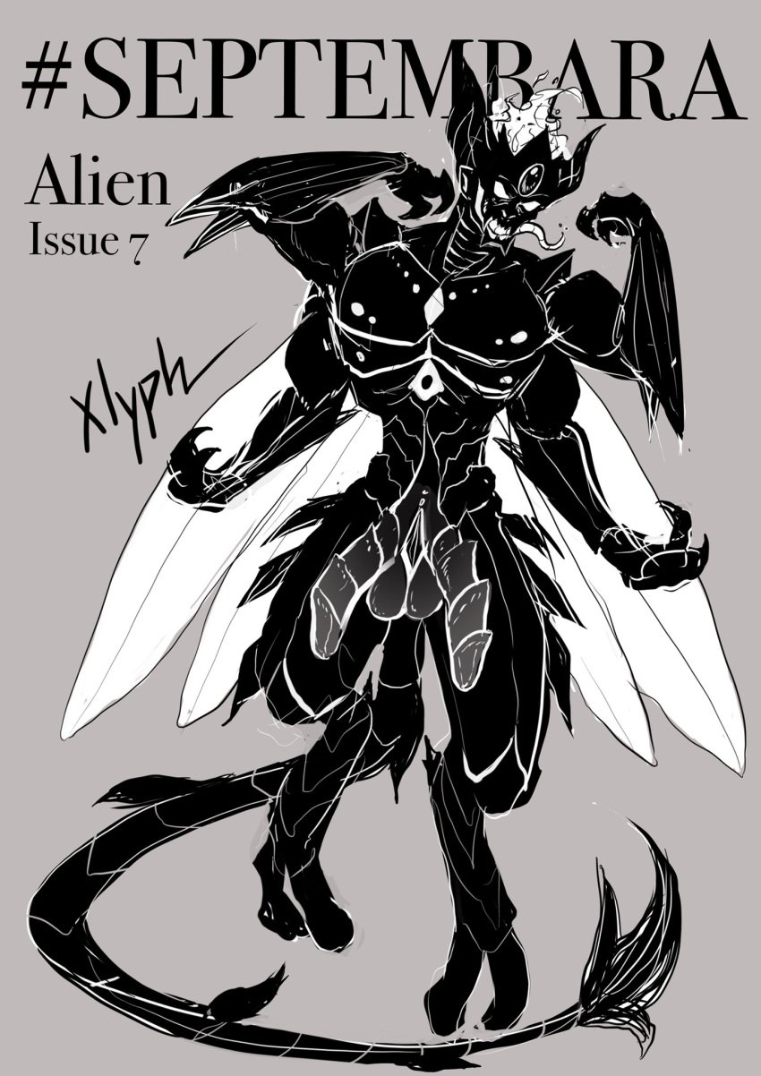 alien balls black_and_white diphallia diphallism english_text flaccid flaccid_penis flexing male male_only multi_arm multi_limb multi_penis muscles muscular muscular_male penis septembara sketch tail wings xlyph