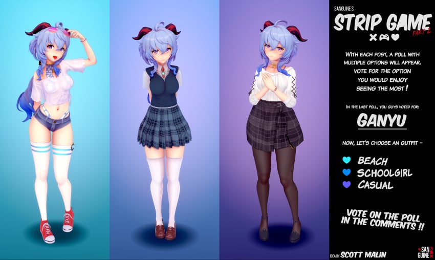 3d anime_style big_breasts big_thighs blue_hair brown_loafers busty choker ganyu_(genshin_impact) genshin_impact high_heels horn horns hot_pants hotpants koikatsu loafers long_hair looking_at_viewer necktie pantyhose plaid_skirt plain_background purple_eyes sanguine3dx school_uniform schoolgirl shorts smile smiling sneakers socks strip_game striped_socks sunglasses_on_head thigh_socks thighhighs thighs transparent_clothing white_socks wide_hips