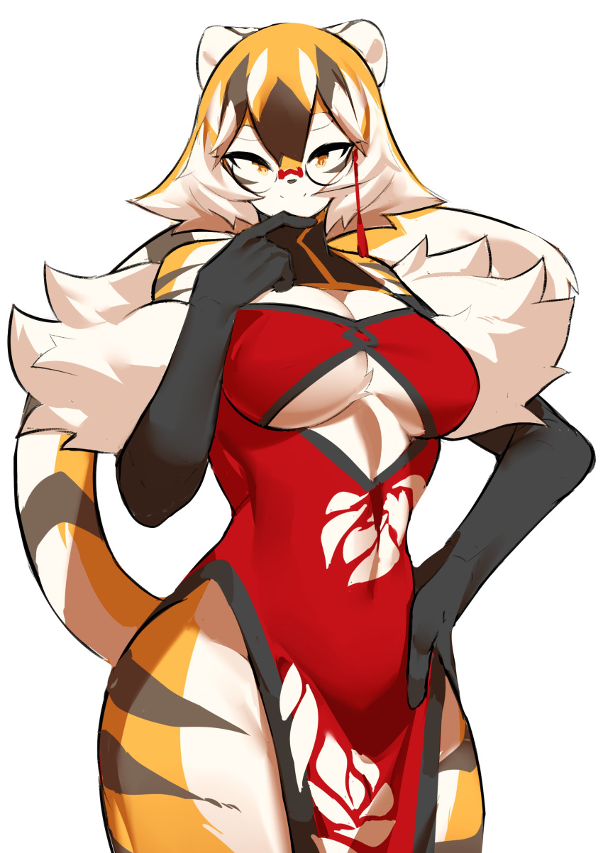 1girls amber_eyes anthro arknights aspirindabaitu big_breasts breasts chinese_clothes female glasses looking_at_viewer mx99926 smile solo solo_female tagme tiger tiger_girl waai_fu_(arknights)