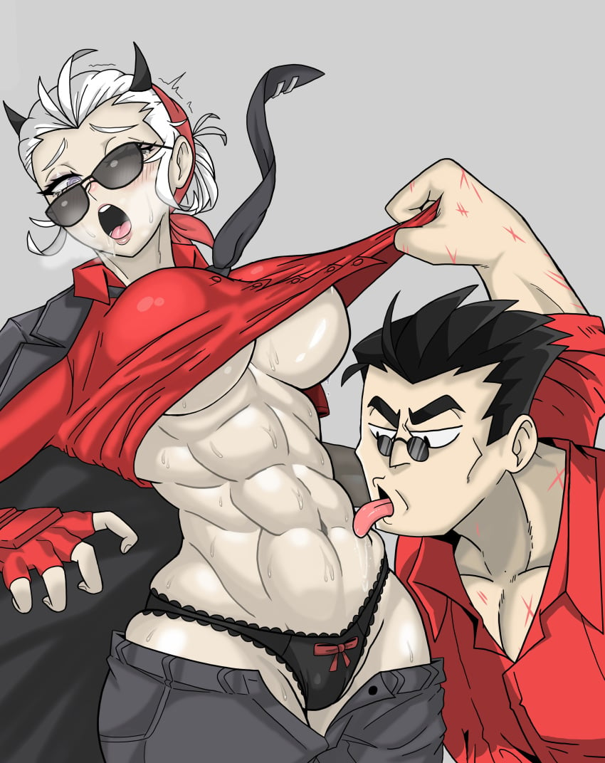 1boy 1girls abs black_hair black_panties bow_panties female glasses helltaker helltaker_(character) horns justice_(helltaker) licking licking_abs male muscular muscular_female panties pants_down round_glasses shirt_lift sunglasses tomboy troymaheza underboob white_hair