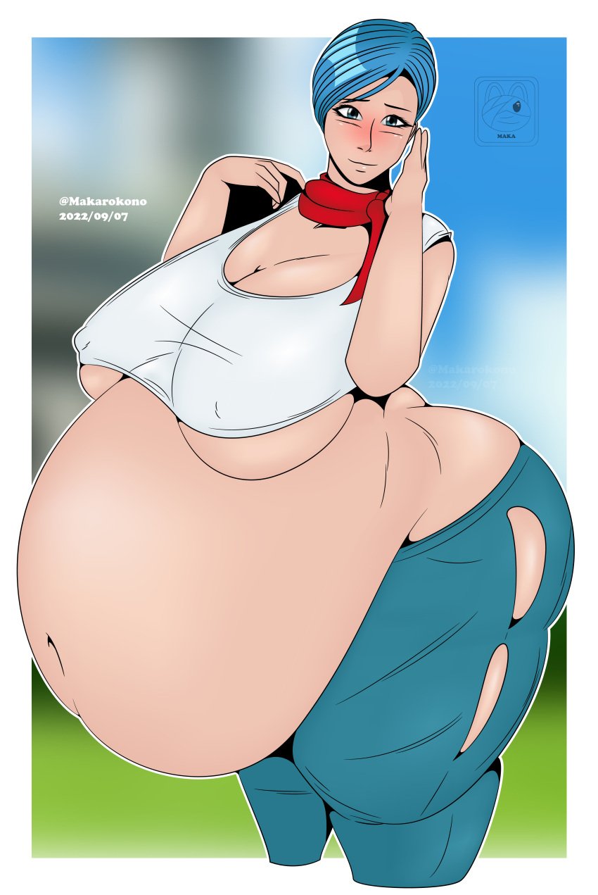 1girls bbw belly belly_overhang big_belly big_breasts blue_hair breasts bulma_briefs cleavage dragon_ball dragon_ball_super dragon_ball_z fat female huge_belly huge_breasts makaro-kono_(artist) milf nipple_bulge obese overweight thick_thighs thighs torn_clothes underboob