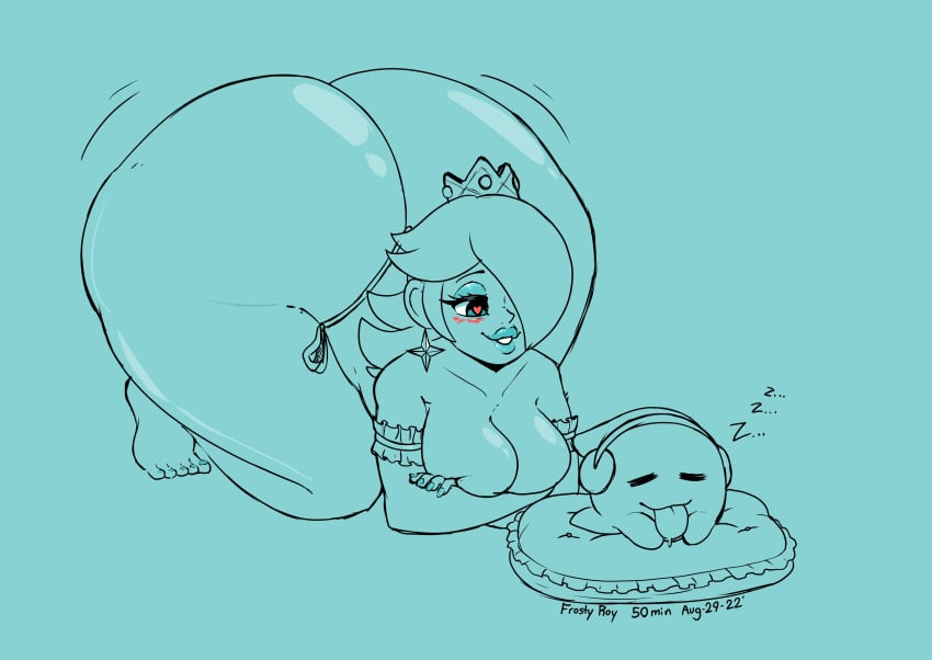 1girls ass big_ass breast_squish breasts chaoz_(chaozdesignz) frosty_roy heart-shaped_pupils huge_ass mario_(series) monochrome nintendo princess_rosalina shaking_butt sleeping