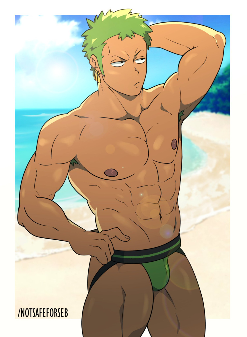 1boy arm_behind_head beach bulge green_hair green_underwear jockstrap male male_only muscles muscular muscular_male notsafeforseb one_piece outside roronoa_zoro solo underwear