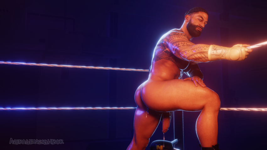 1boy 3d 3d_(artwork) ass athlete average_neighbor bara butt celebrity cum_in_ass cum_inside cum_leaking flaccid flaccid_penis gay gay_male leaking_cum looking_at_viewer looking_back male male_only muscles muscular muscular_male precum precum_drip real_person roman_reigns solo solo_male tattoos thick_thighs wrestler wrestling_ring wwe